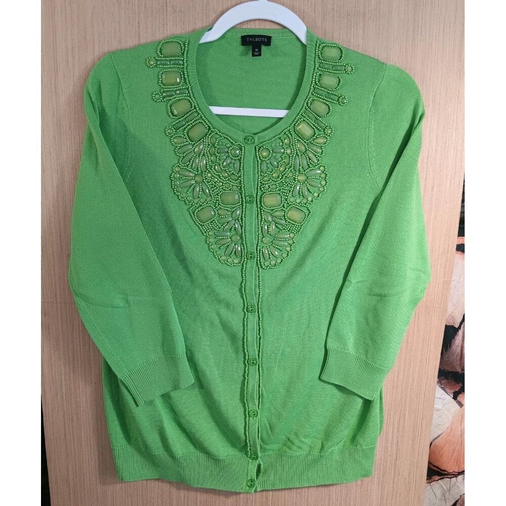 Talbots Medium‎ Cotton Blend Apple Green Beaded Knit Cardigan 3/4 Sleeve